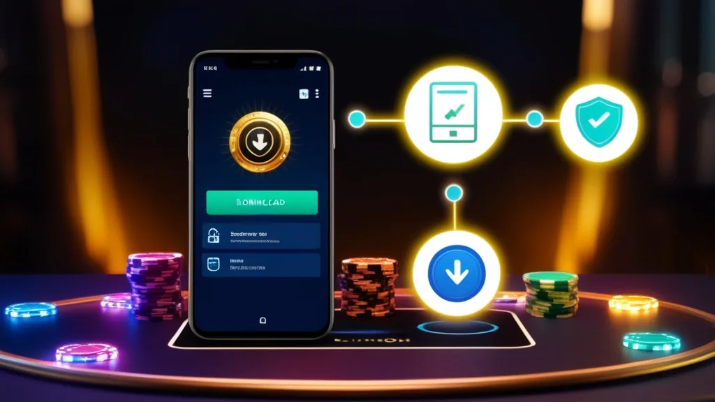 An Android phone showing app installation steps in a casino-themed scene