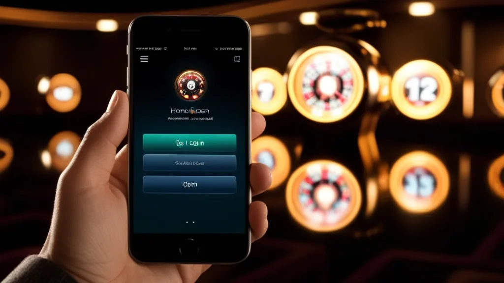 Smartphone showing a mobile login screen in a neon casino atmosphere