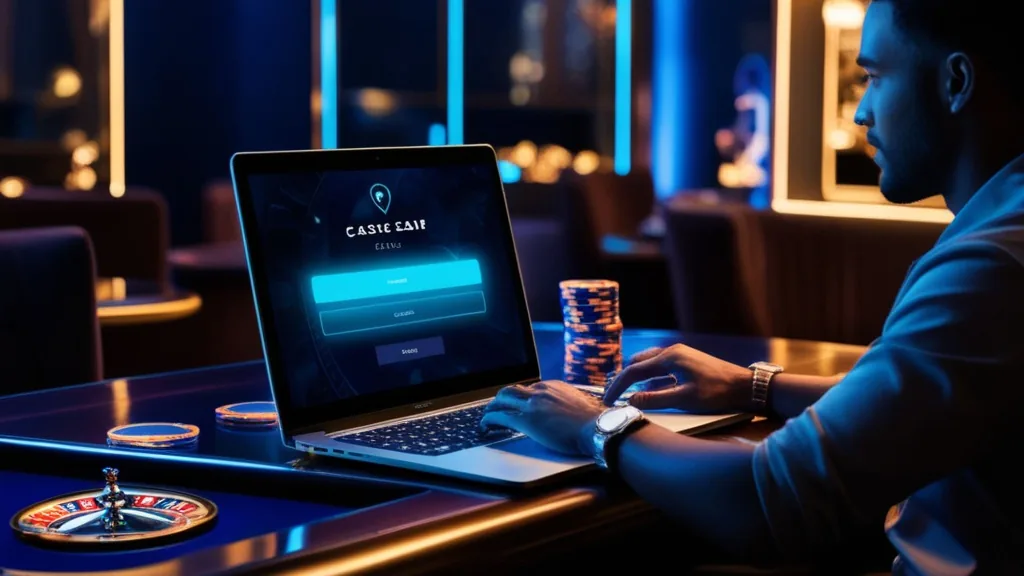 Player signing in at a glowing laptop in a dark casino lounge