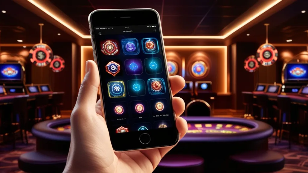 A smartphone showing a casino app lobby in a dark neon setting