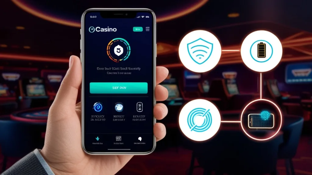A mobile casino app with security and performance icons on screen