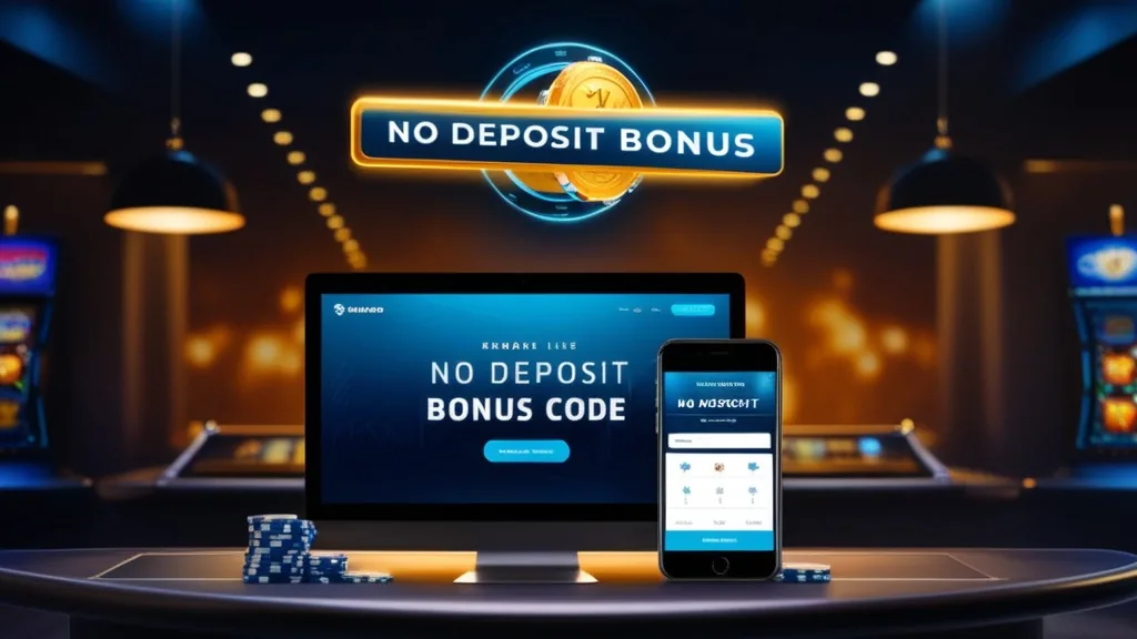 No deposit bonus code glowing above a casino-style screen in a dark promotional scene