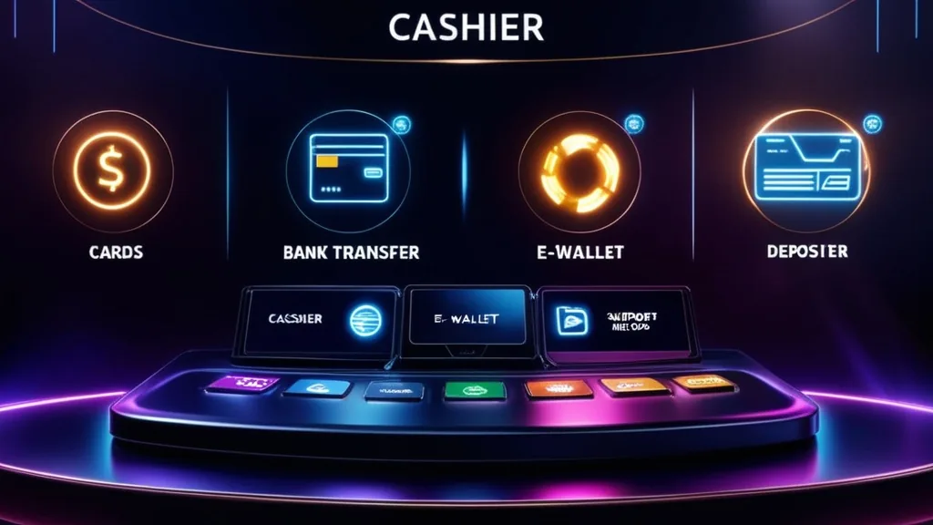 Player selecting deposit methods at a glowing casino cashier screen