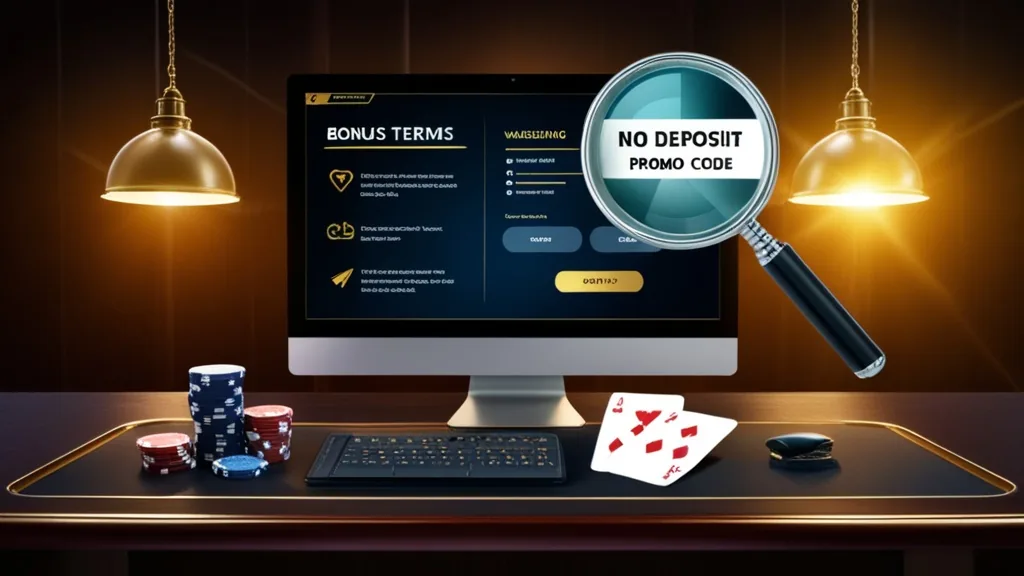 Promotional casino screen with bonus terms and a no deposit code under dramatic lighting