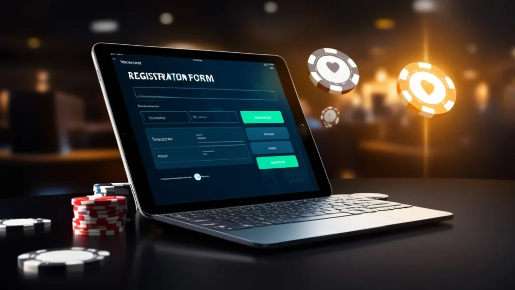 Tablet displaying registration fields in a moody casino setting