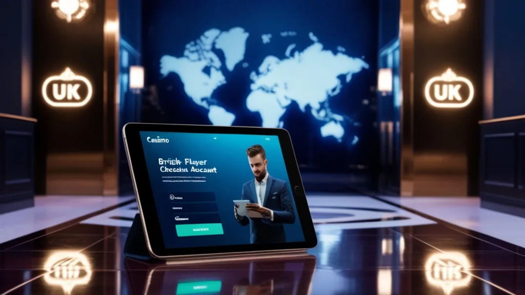 British player checking a login page on a tablet in a dark casino setting