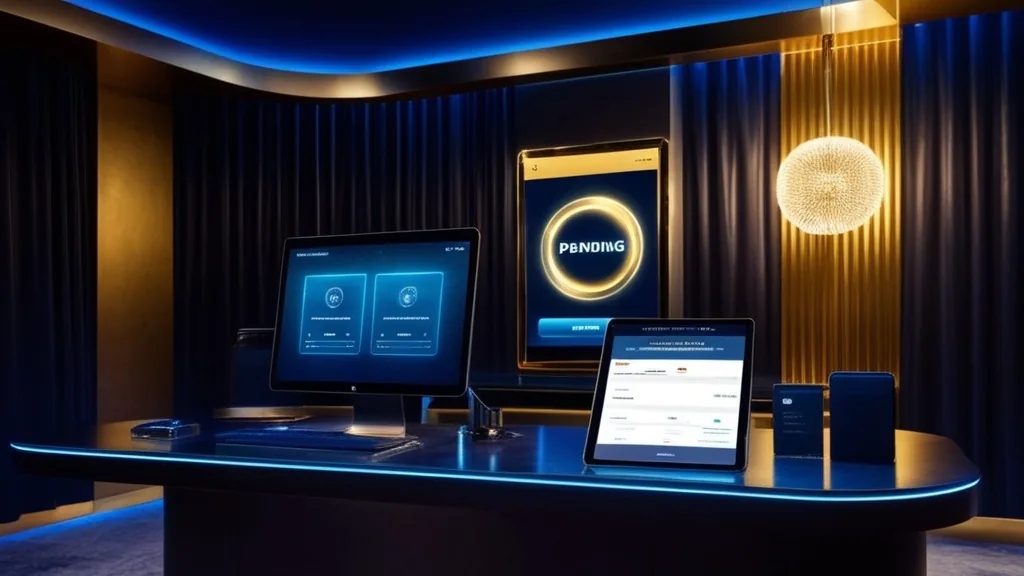 Pending payout screen beside verification documents in a dark casino setting