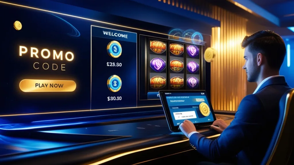 Player checking a promo code offer beside glowing slot reels in a dark casino setting